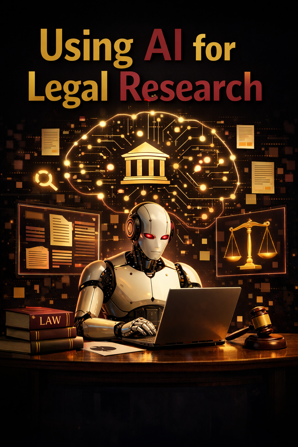 A robot typing on a computer with gold and burgandy font and black backgroun